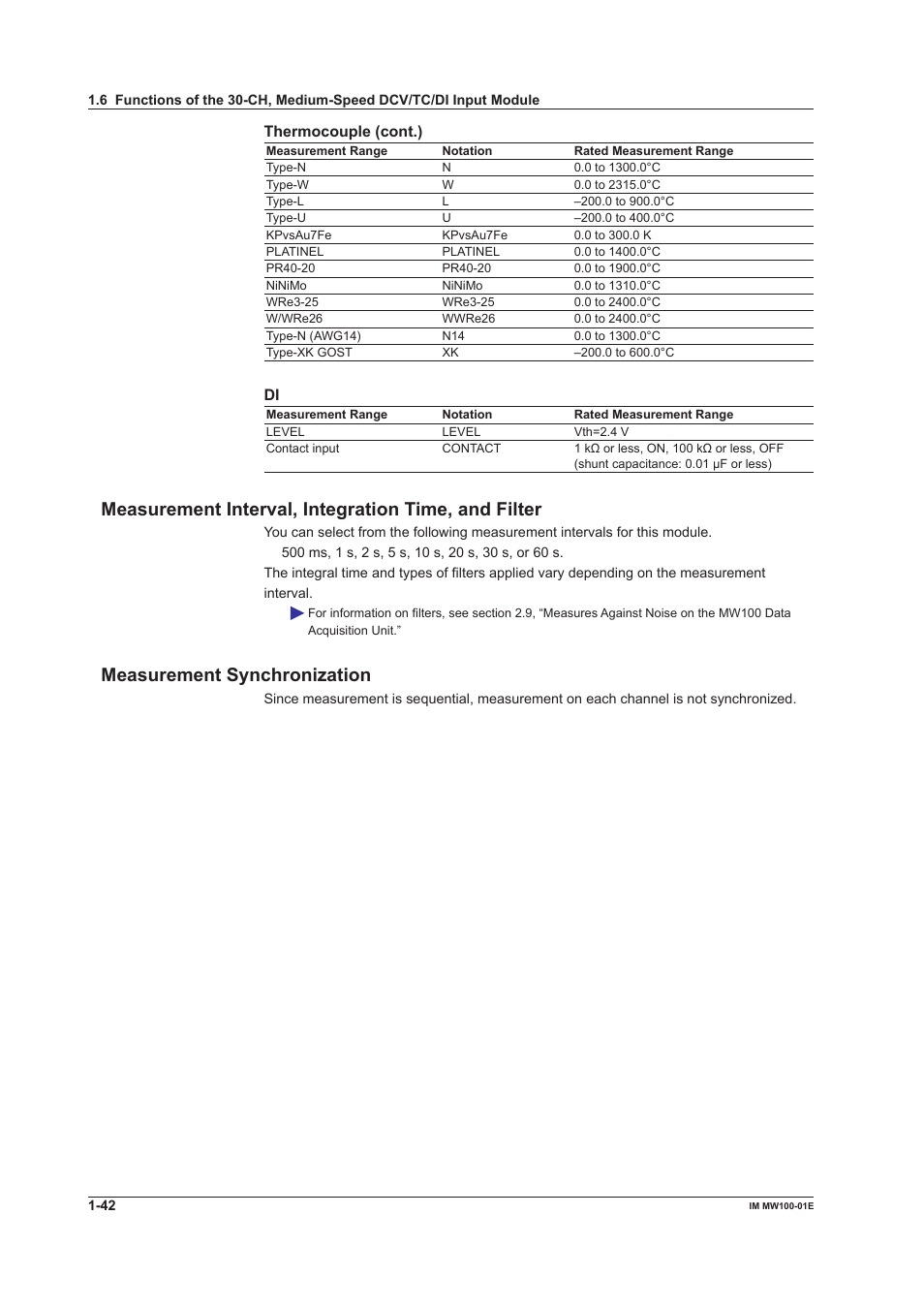 Measurement interval, integration time, and filter, Measurement synchronization, Thermocouple (cont.) | Yokogawa Standalone MW100 User Manual | Page 56 / 305