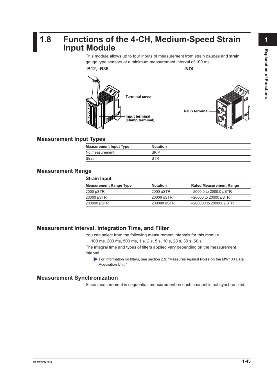 Measurement input types, Measurement range, Measurement interval, integration time, and filter | Measurement synchronization, App index | Yokogawa Standalone MW100 User Manual | Page 59 / 305