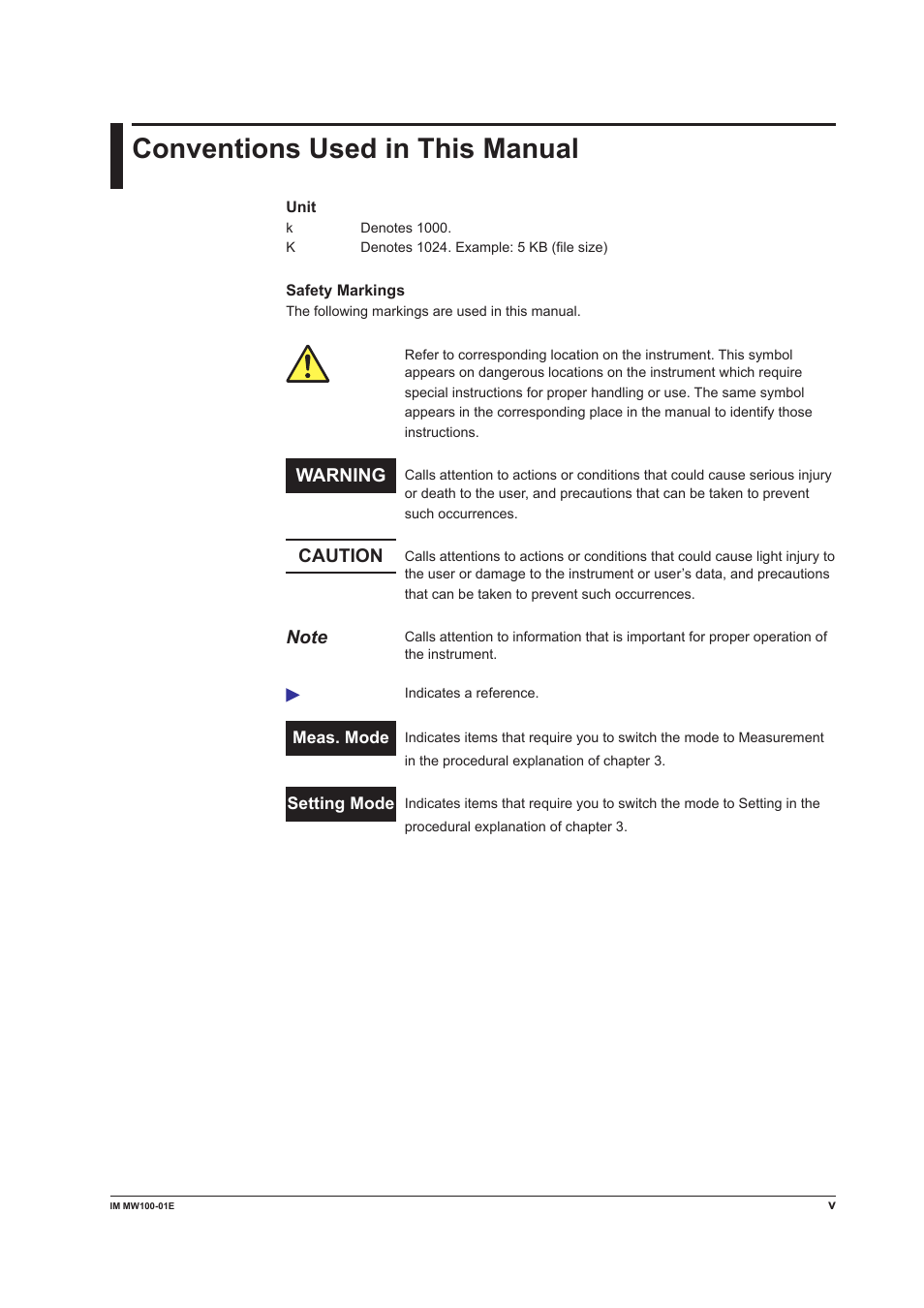 Conventions used in this manual, Warning, Caution | Yokogawa Standalone MW100 User Manual | Page 6 / 305