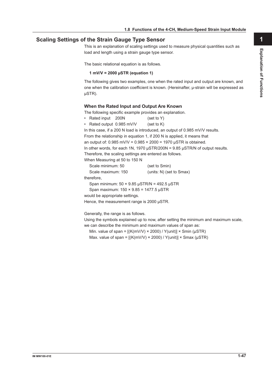 Scaling settings of the strain gauge type sensor | Yokogawa Standalone MW100 User Manual | Page 61 / 305