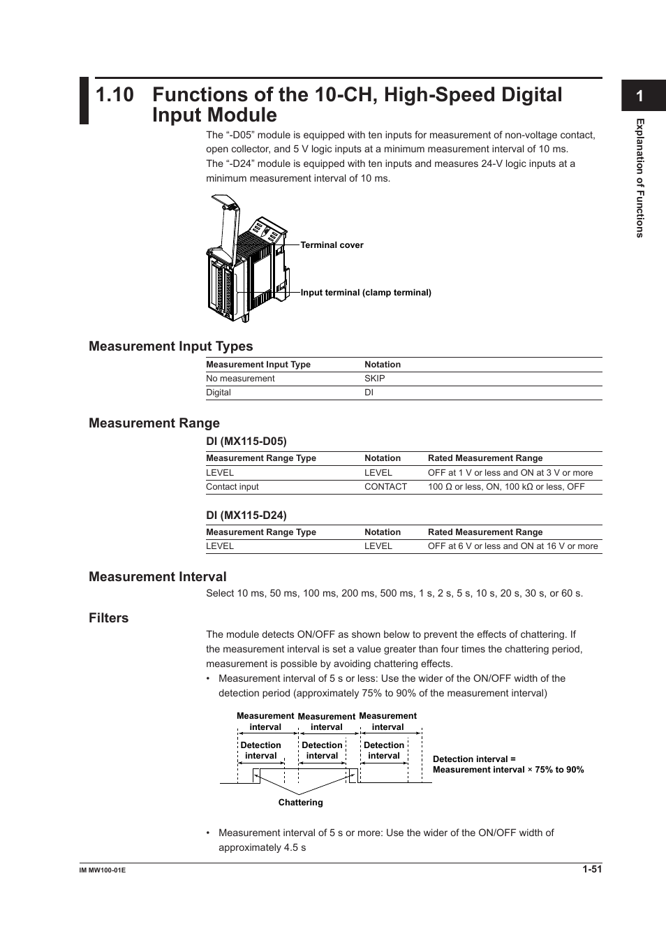 Measurement input types, Measurement range, Measurement interval | Filters, App index | Yokogawa Standalone MW100 User Manual | Page 65 / 305