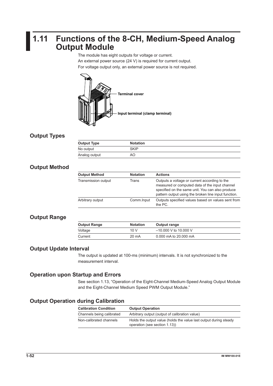 Output types, Output method, Output range | Output update interval, Operation upon startup and errors, Output operation during calibration | Yokogawa Standalone MW100 User Manual | Page 66 / 305