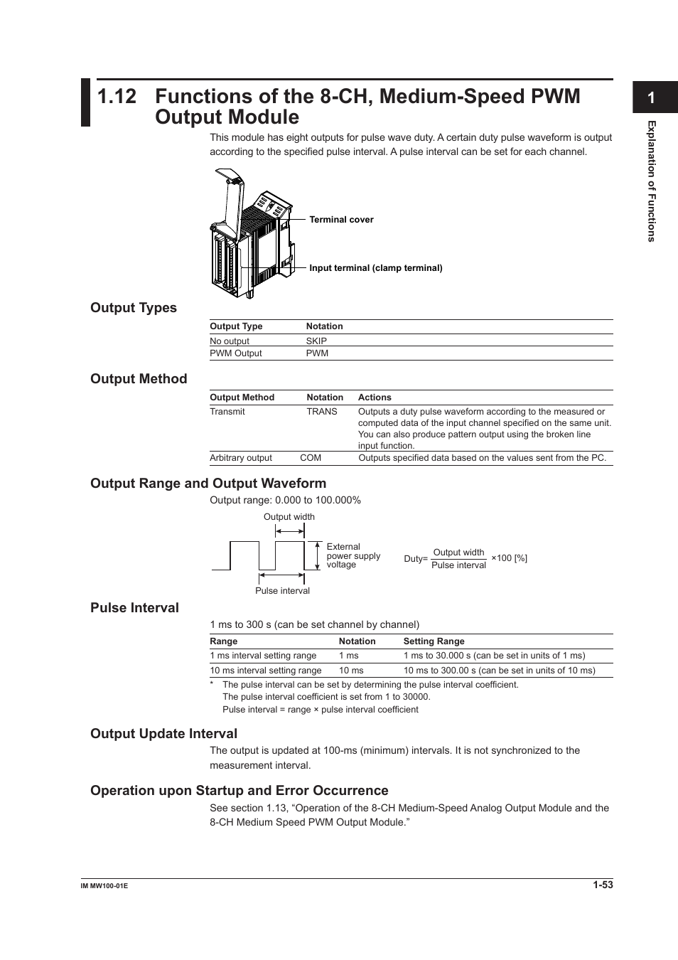 Output types, Output method, Output range and output waveform | Pulse interval, Output update interval, Operation upon startup and error occurrence, App index | Yokogawa Standalone MW100 User Manual | Page 67 / 305