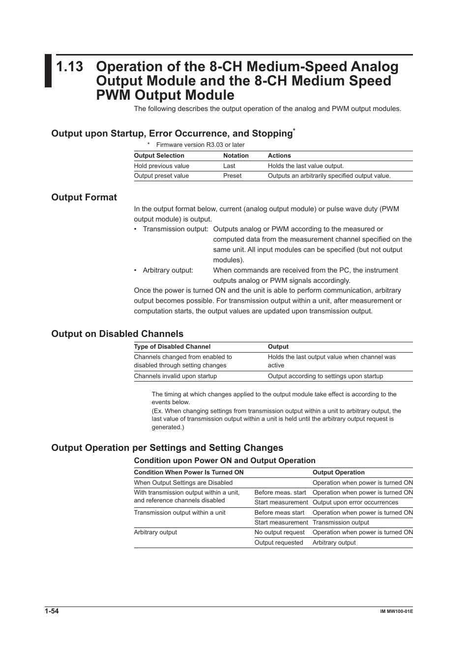 Output format, Output on disabled channels, Output operation per settings and setting changes | Yokogawa Standalone MW100 User Manual | Page 68 / 305