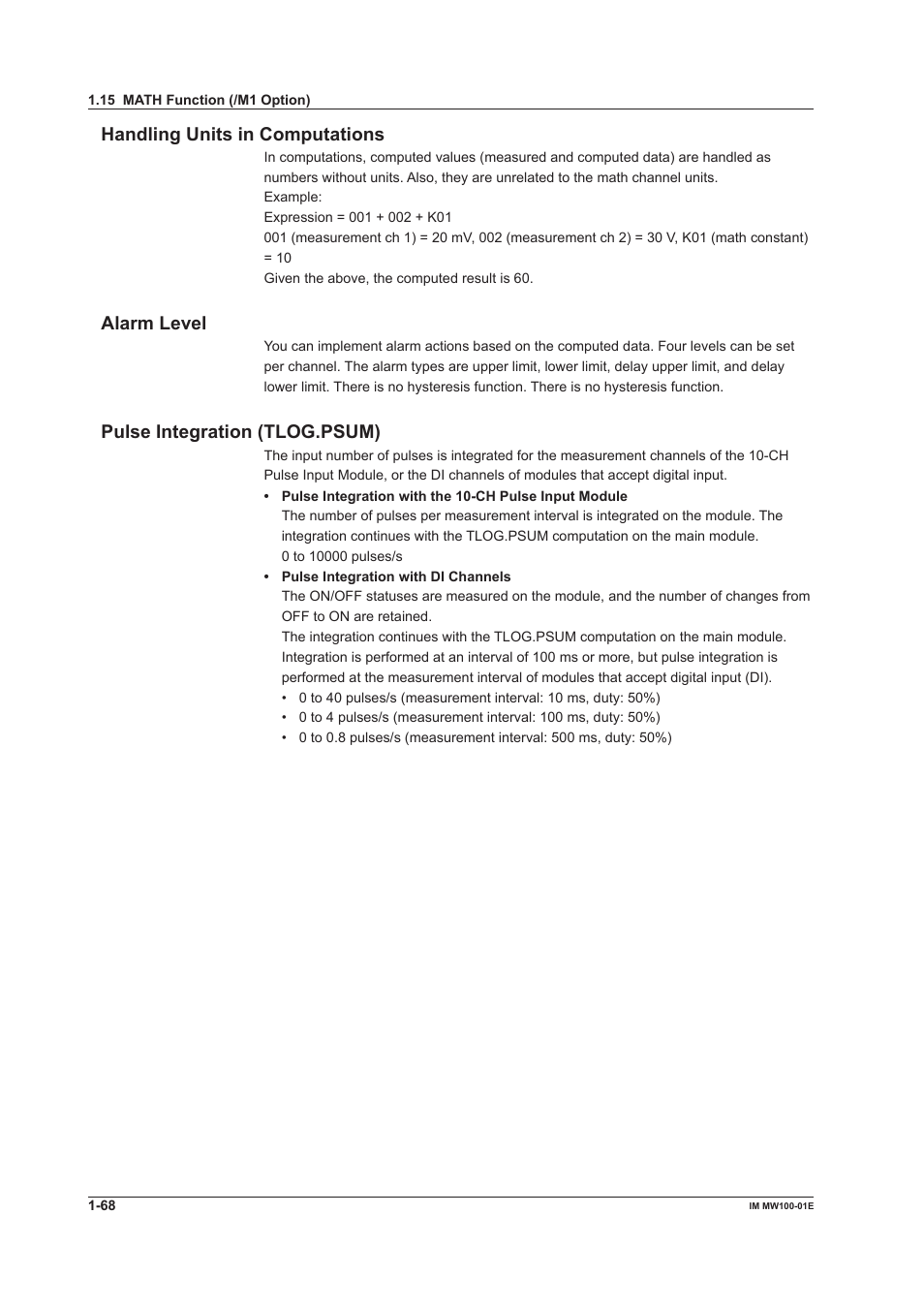 Handling units in computations, Alarm level, Pulse integration (tlog.psum) | Yokogawa Standalone MW100 User Manual | Page 82 / 305