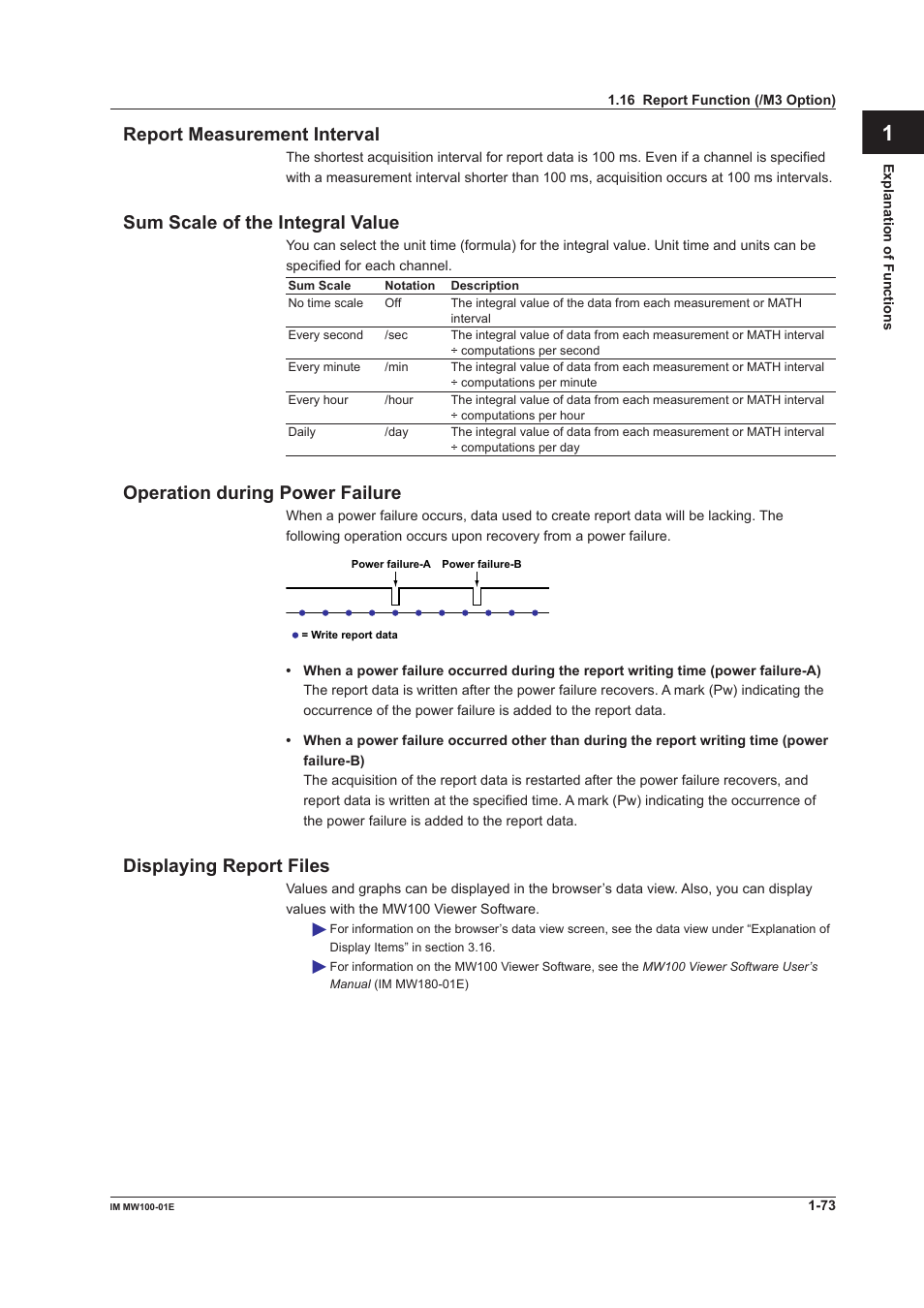 Report measurement interval, Sum scale of the integral value, Operation during power failure | Displaying report files, App index report measurement interval | Yokogawa Standalone MW100 User Manual | Page 87 / 305