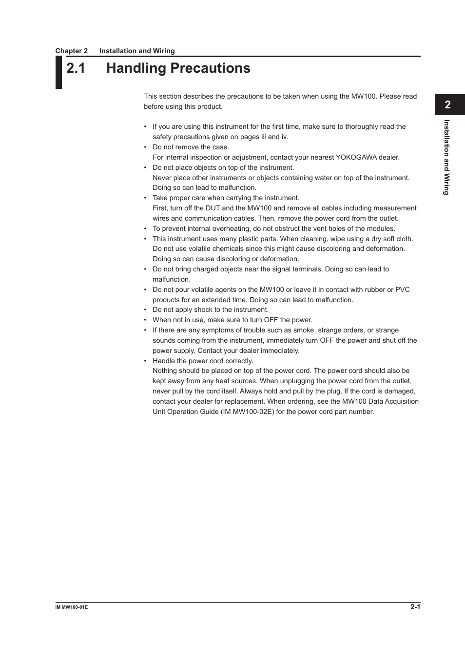 Chapter 2 installation and wiring, 1 handling precautions, Handling precautions -1 | Yokogawa Standalone MW100 User Manual | Page 89 / 305