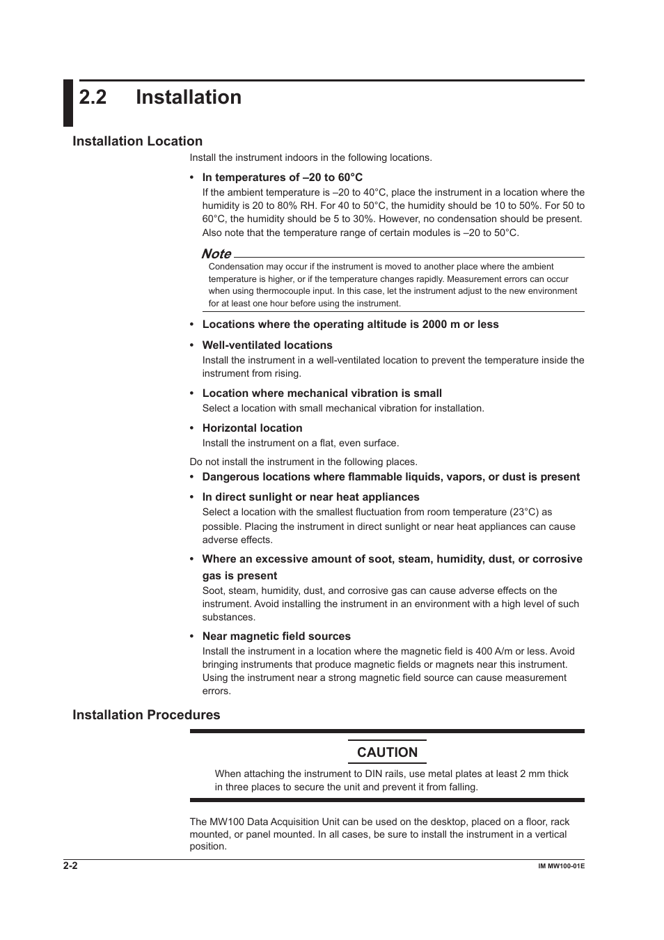 2 installation, Installation location, Installation procedures | Installation procedures caution | Yokogawa Standalone MW100 User Manual | Page 90 / 305