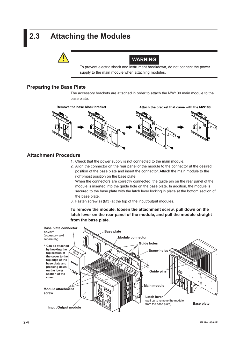 3 attaching the modules, Preparing the base plate, Attachment procedure | Warning | Yokogawa Standalone MW100 User Manual | Page 92 / 305