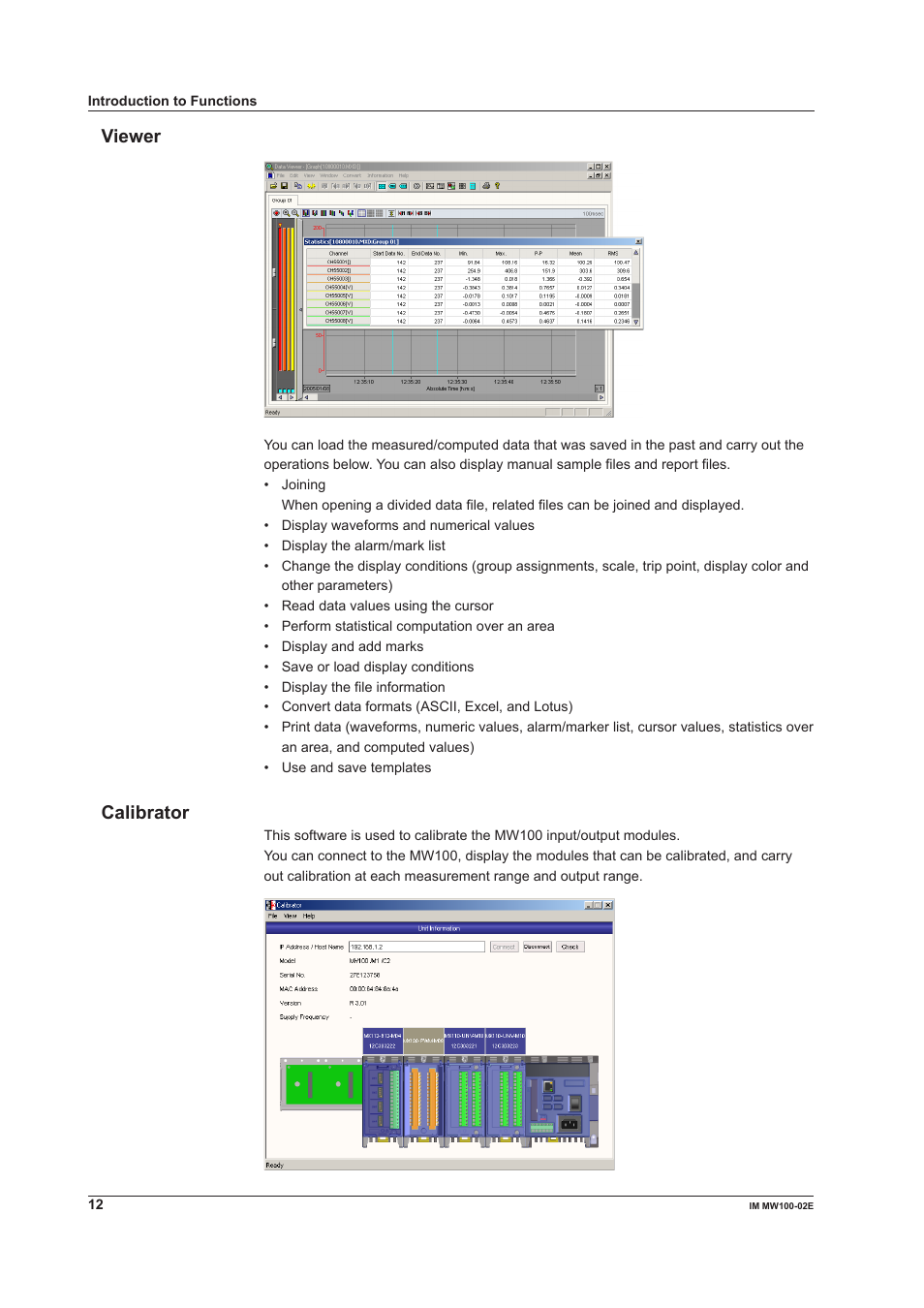 Viewer, Calibrator, Viewer calibrator | Yokogawa Standalone MW100 User Manual | Page 12 / 36