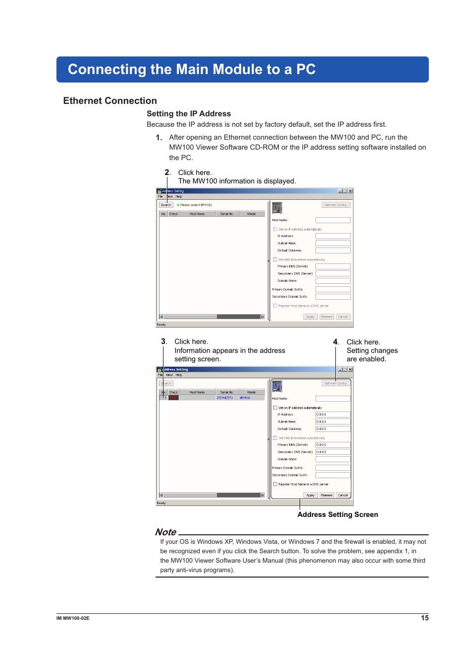 Connecting the main module to a pc, Ethernet connection | Yokogawa Standalone MW100 User Manual | Page 15 / 36