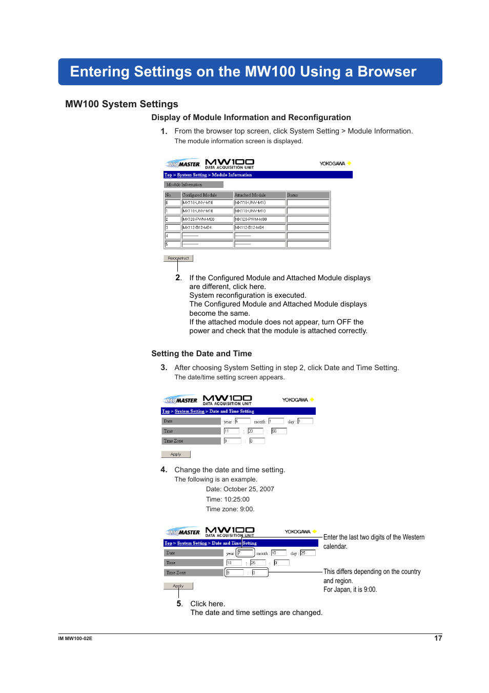 Entering settings on the mw100 using a browser, Mw100 system settings | Yokogawa Standalone MW100 User Manual | Page 17 / 36