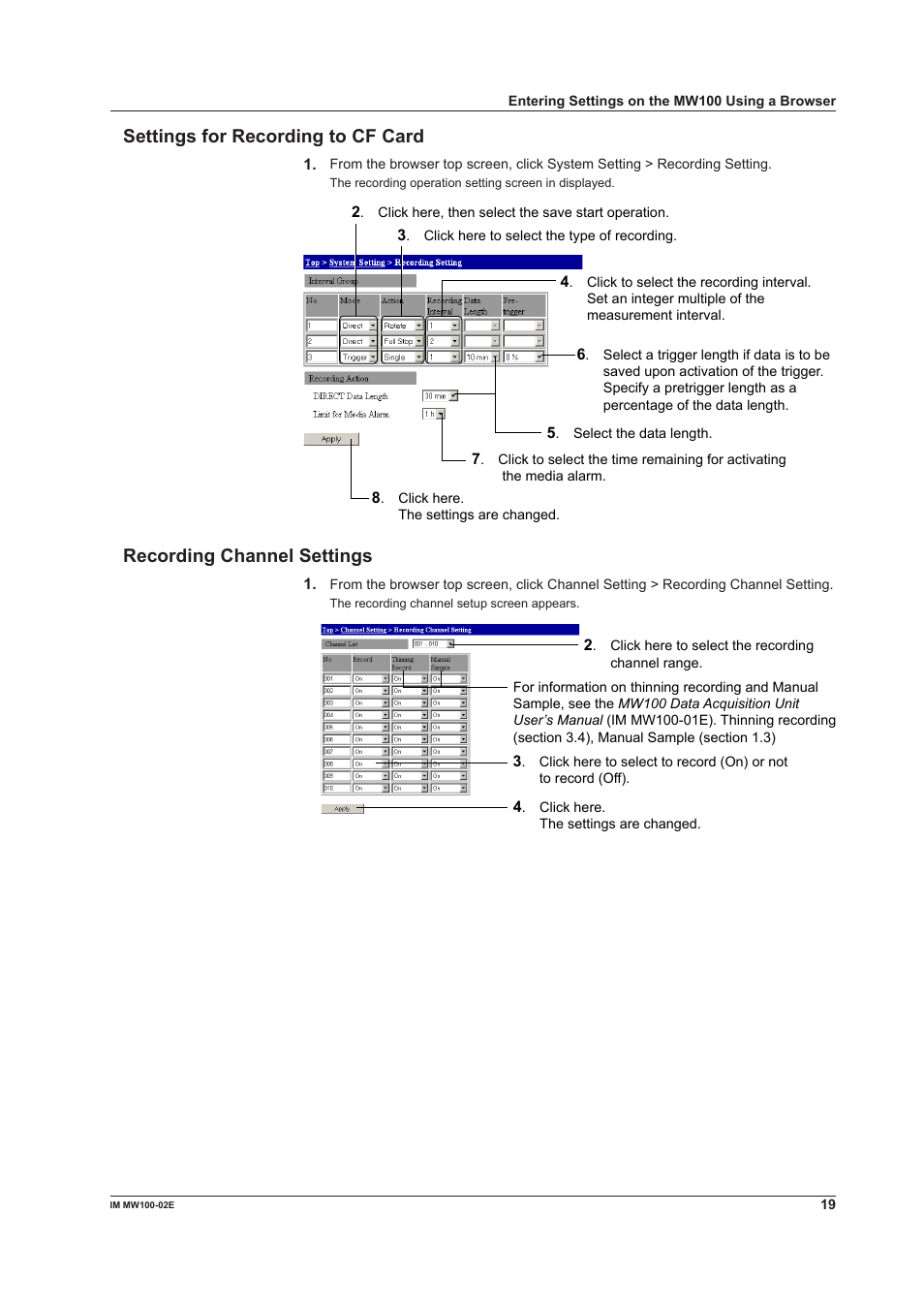 Settings for recording to cf card, Recording channel settings | Yokogawa Standalone MW100 User Manual | Page 19 / 36