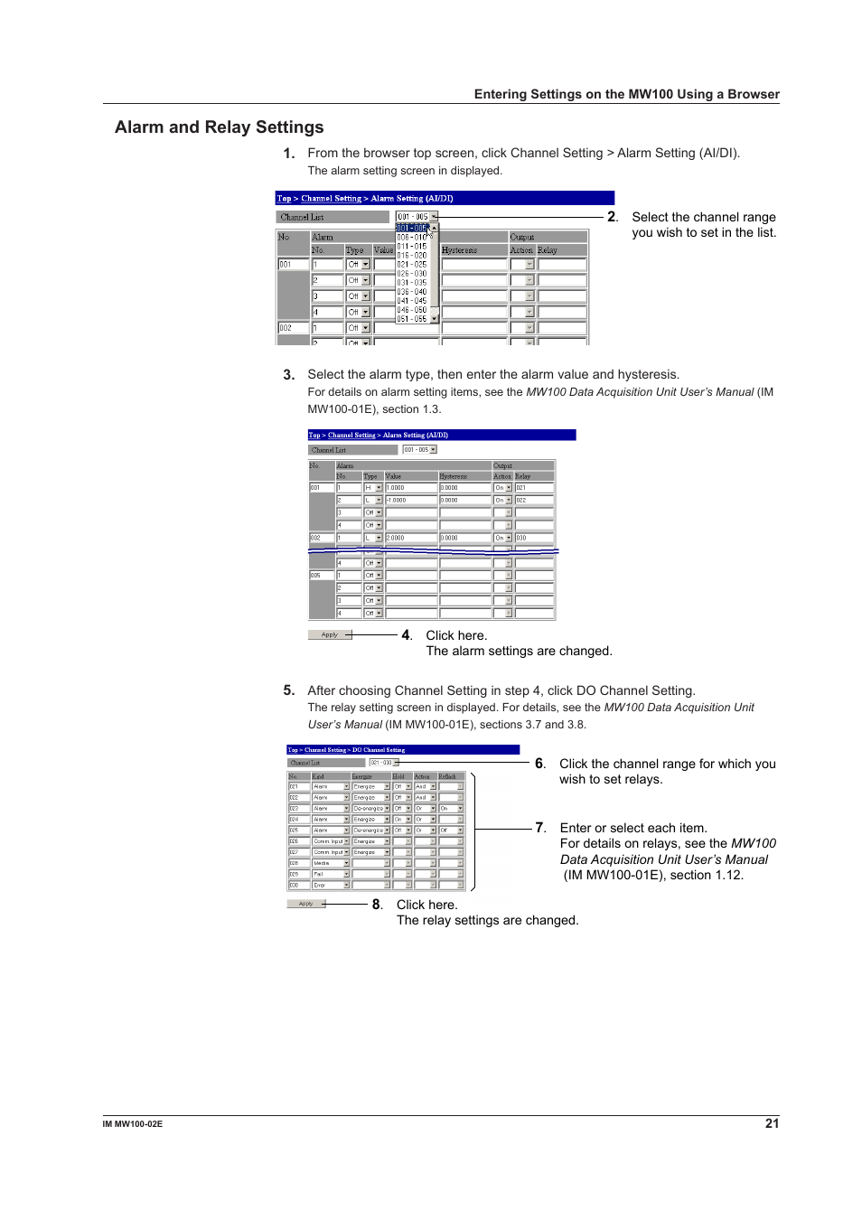 Alarm and relay settings | Yokogawa Standalone MW100 User Manual | Page 21 / 36