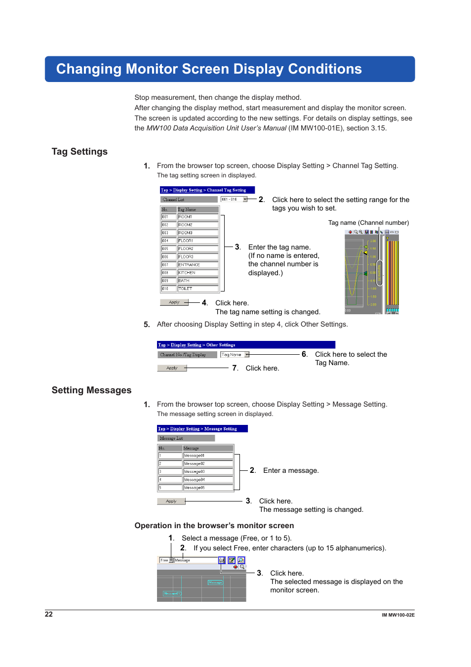 Changing monitor screen display conditions, Tag settings, Setting messages | Tag settings setting messages | Yokogawa Standalone MW100 User Manual | Page 22 / 36