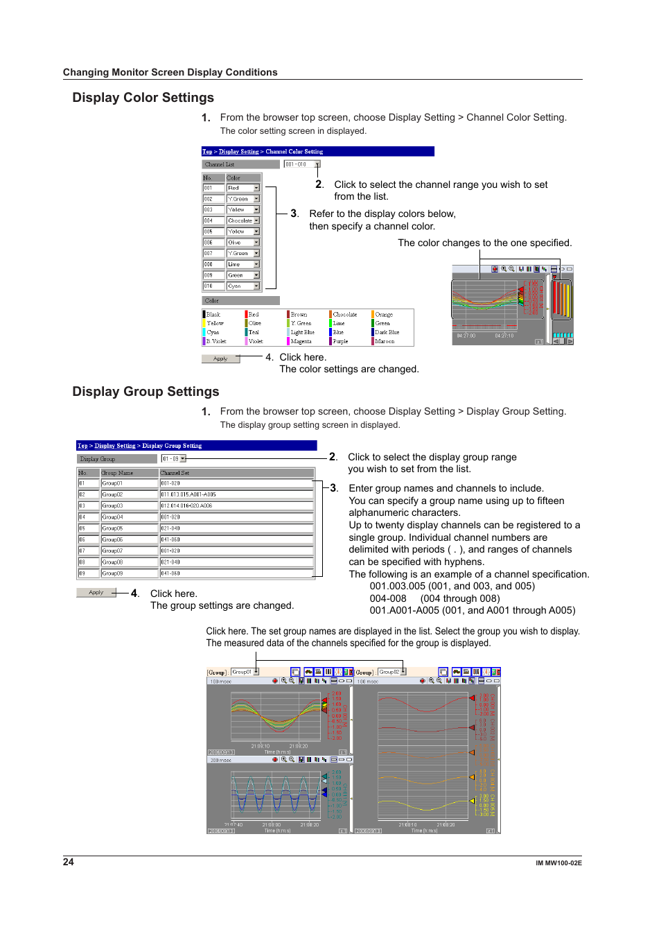 Display color settings, Display group settings, Display color settings display group settings | Yokogawa Standalone MW100 User Manual | Page 24 / 36