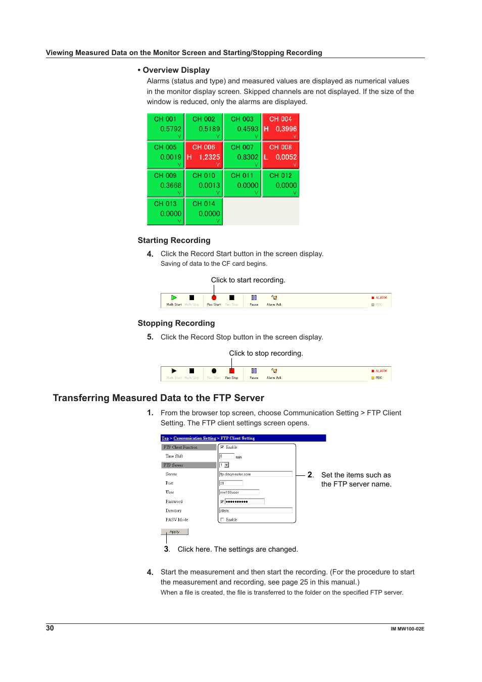 Transferring measured data to the ftp server | Yokogawa Standalone MW100 User Manual | Page 30 / 36