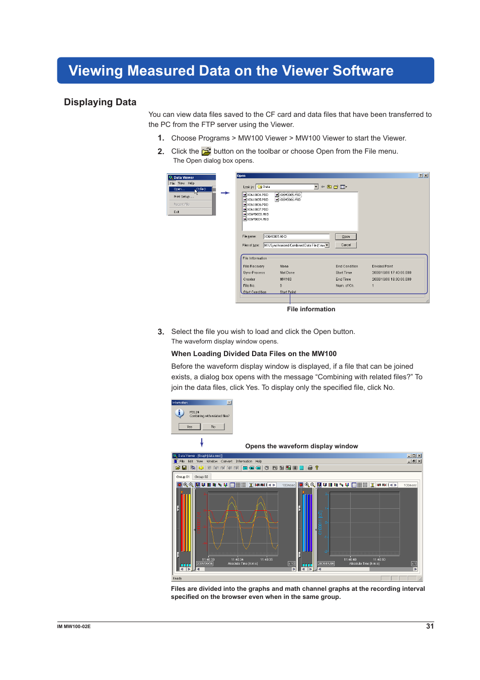 Viewing measured data on the viewer software, Displaying data | Yokogawa Standalone MW100 User Manual | Page 31 / 36