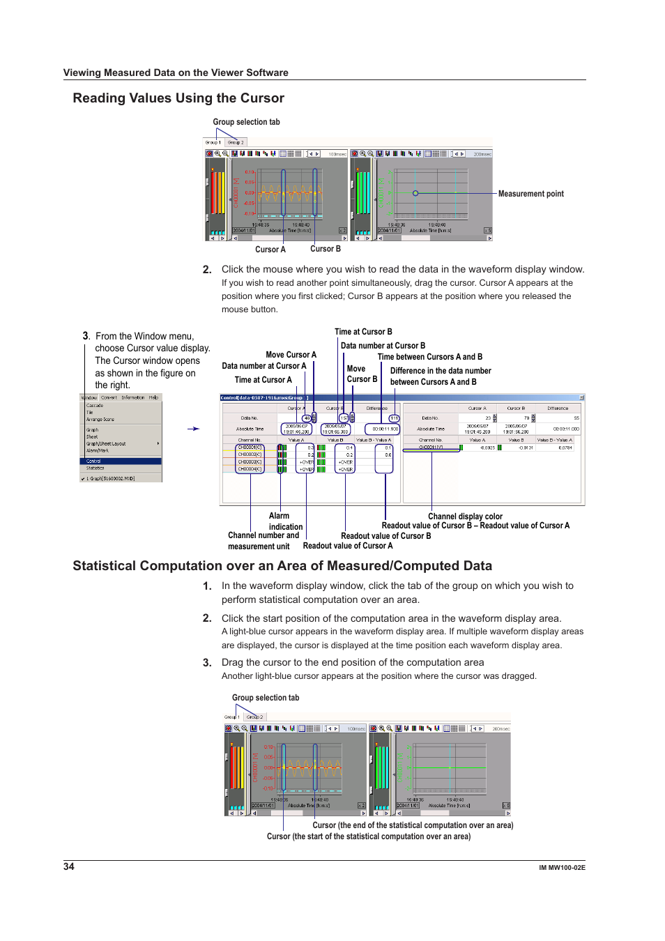 Reading values using the cursor | Yokogawa Standalone MW100 User Manual | Page 34 / 36