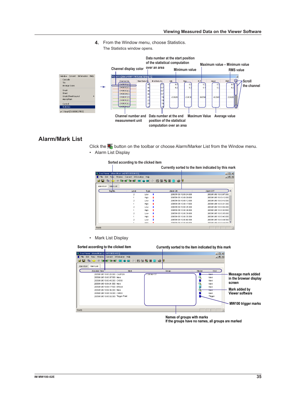 Alarm/mark list | Yokogawa Standalone MW100 User Manual | Page 35 / 36