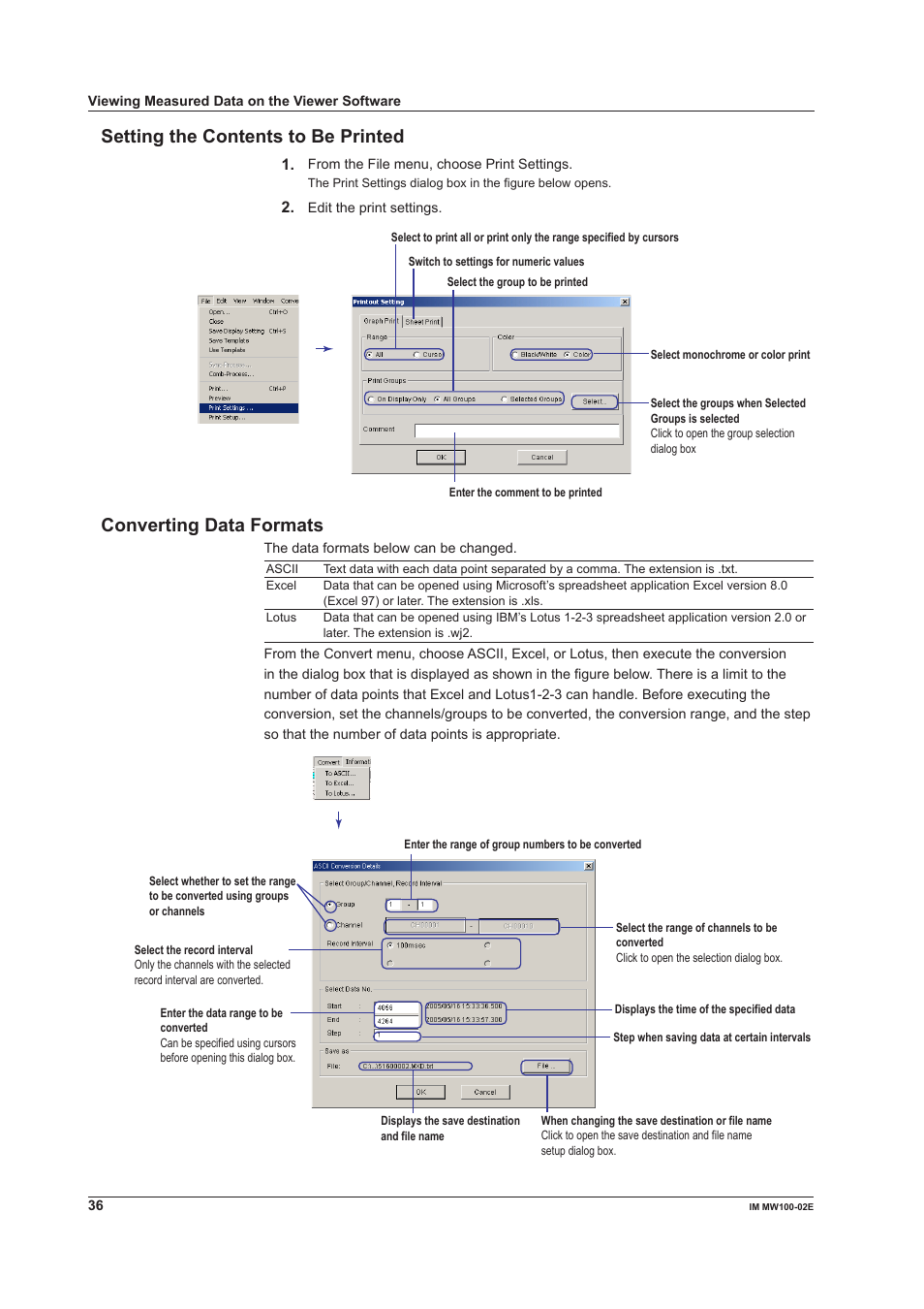 Setting the contents to be printed, Converting data formats | Yokogawa Standalone MW100 User Manual | Page 36 / 36