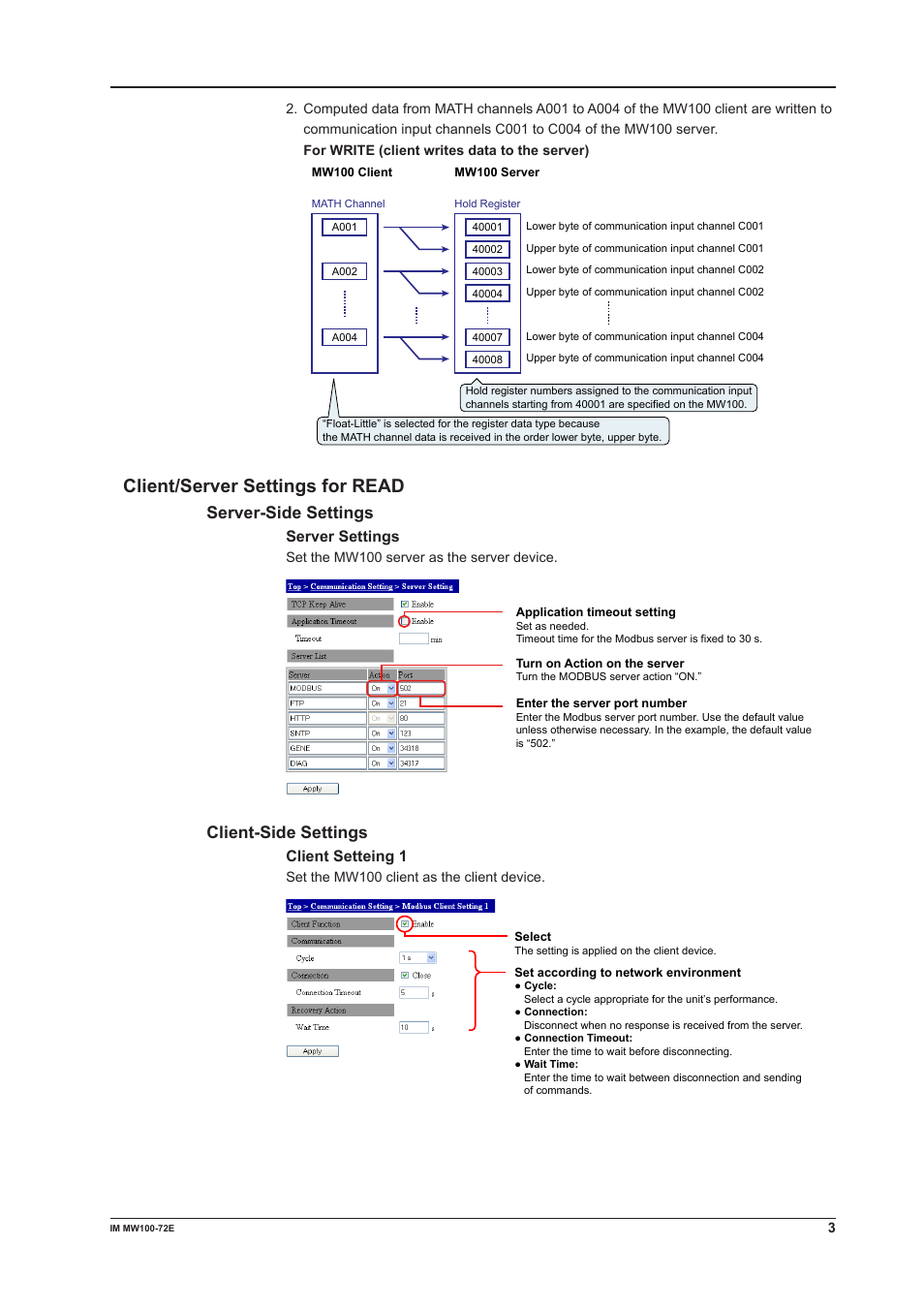 Client/server settings for read, Server-side settings, Client-side settings | Server settings, Client setteing 1 | Yokogawa Standalone MW100 User Manual | Page 3 / 7