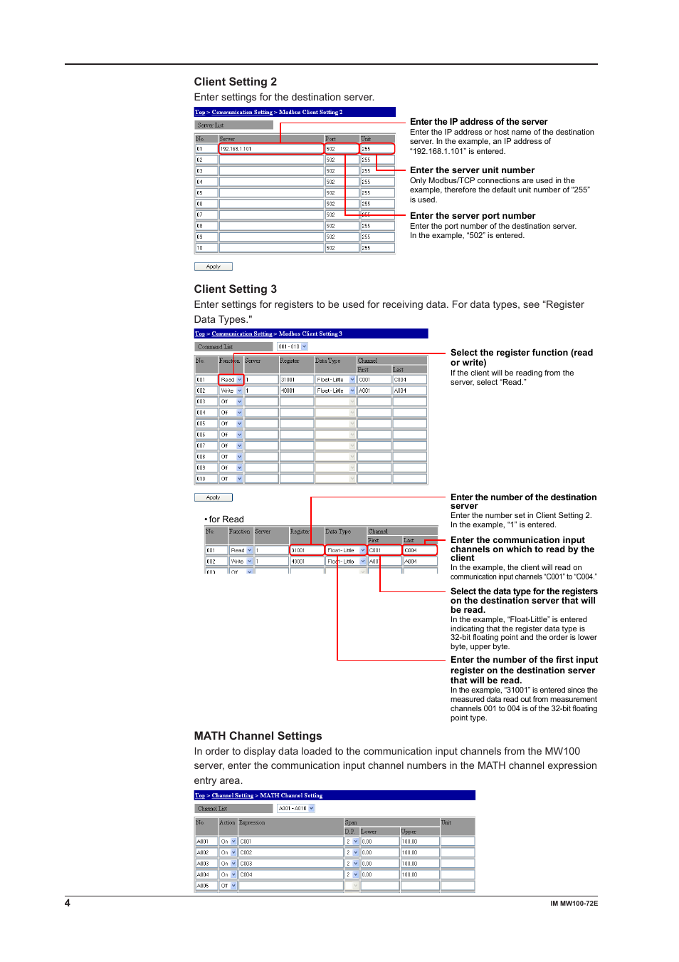 Client setting 2, Client setting, Math channel settings | Yokogawa Standalone MW100 User Manual | Page 4 / 7