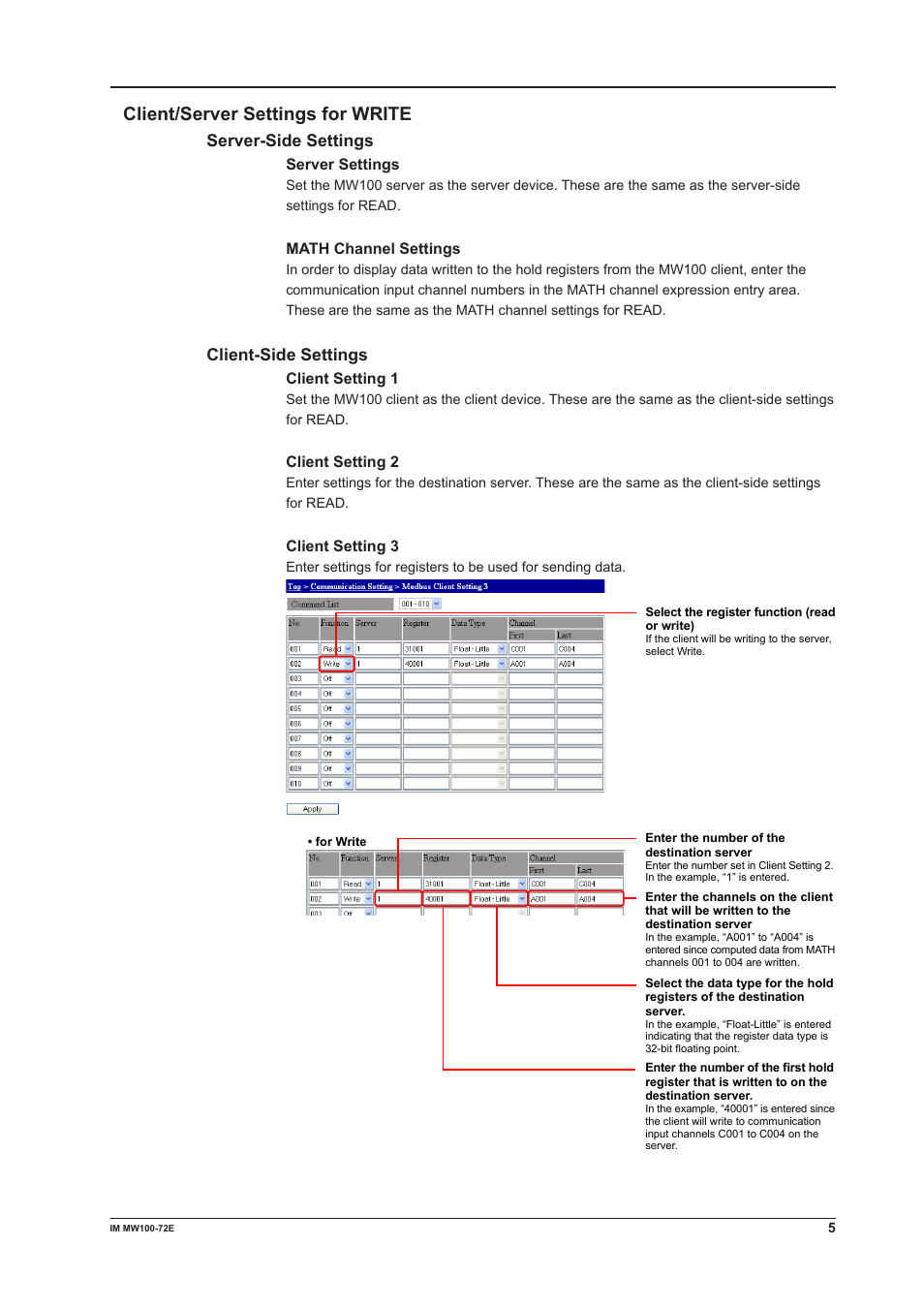 Client/server settings for write, Server-side settings, Client-side settings | Yokogawa Standalone MW100 User Manual | Page 5 / 7