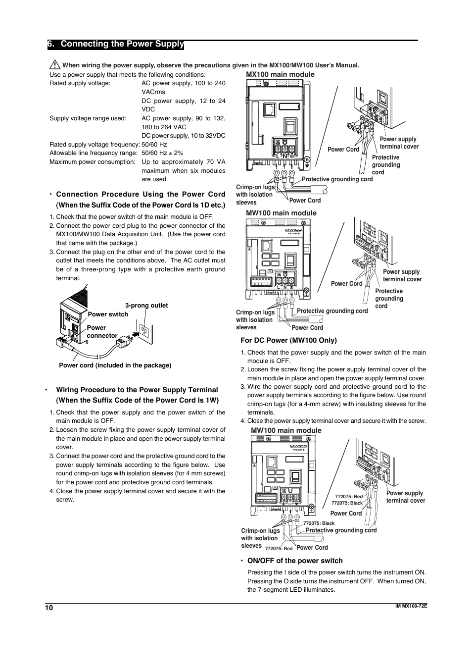 Connecting the power supply | Yokogawa PC-Based MX100 User Manual | Page 10 / 12