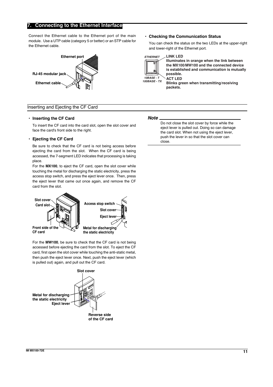 Connecting to the ethernet interface, Inserting and ejecting the cf card | Yokogawa PC-Based MX100 User Manual | Page 11 / 12