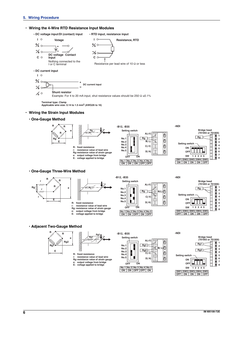 Wiring the 4-wire rtd resistance input modules, Wiring the strain input modules • one-gauge method, One-gauge three-wire method | Adjacent two-gauge method, Wiring procedure | Yokogawa PC-Based MX100 User Manual | Page 6 / 12