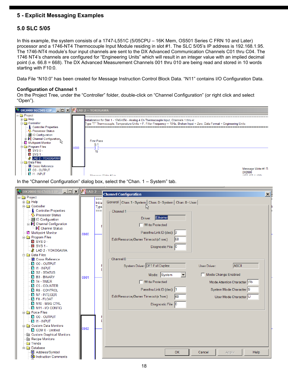 5 - explicit messaging examples, 0 slc 5/05 example | Yokogawa Standalone MW100 User Manual | Page 21 / 58