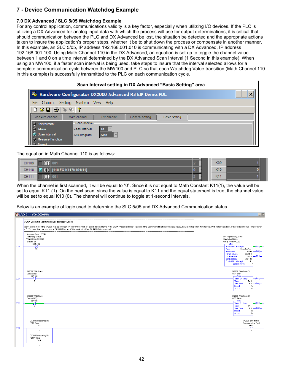 7 - device communication watchdog example, 0 dx advanced / slc 5/05 watchdog example | Yokogawa Standalone MW100 User Manual | Page 45 / 58