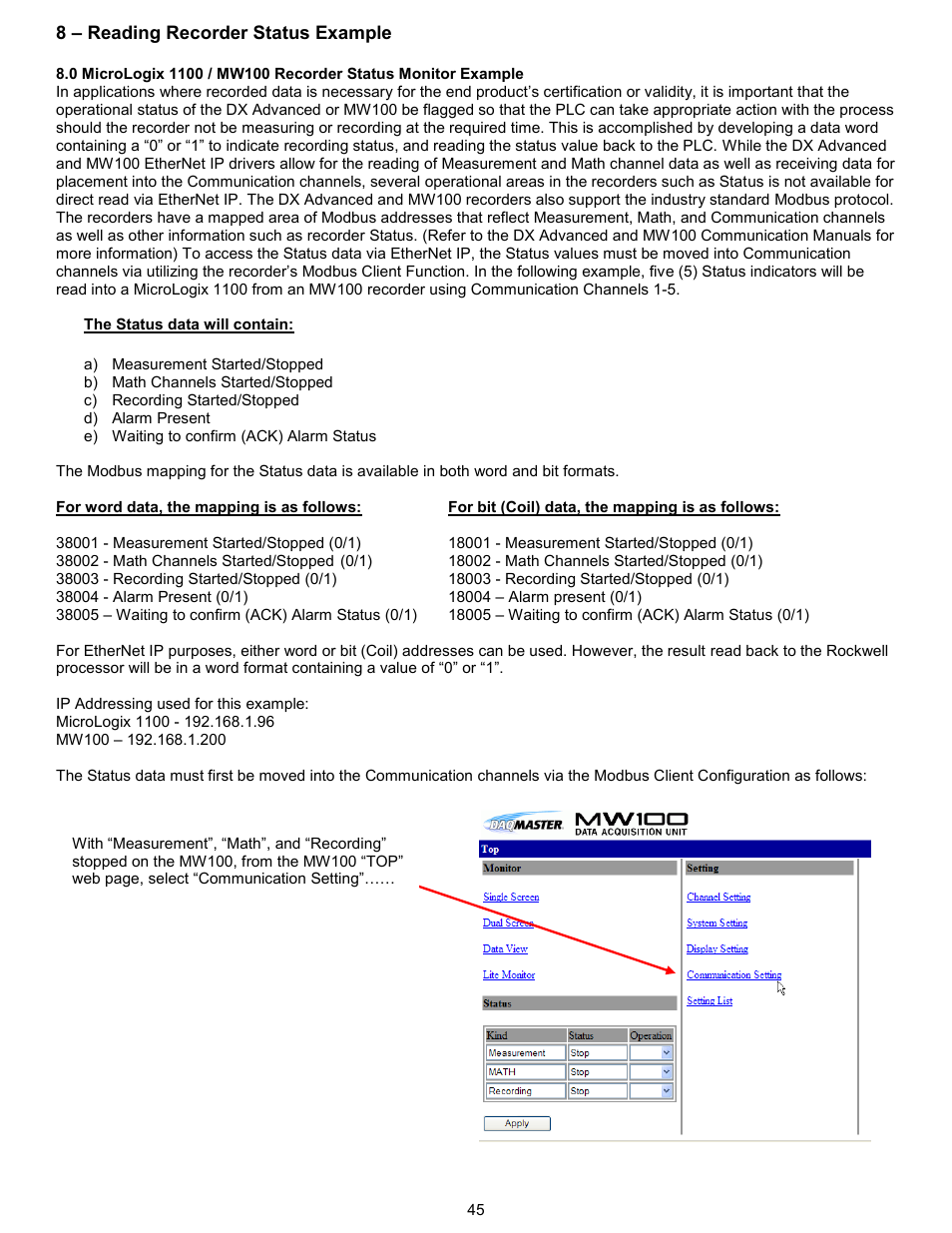 8 – reading recorder status example | Yokogawa Standalone MW100 User Manual | Page 48 / 58