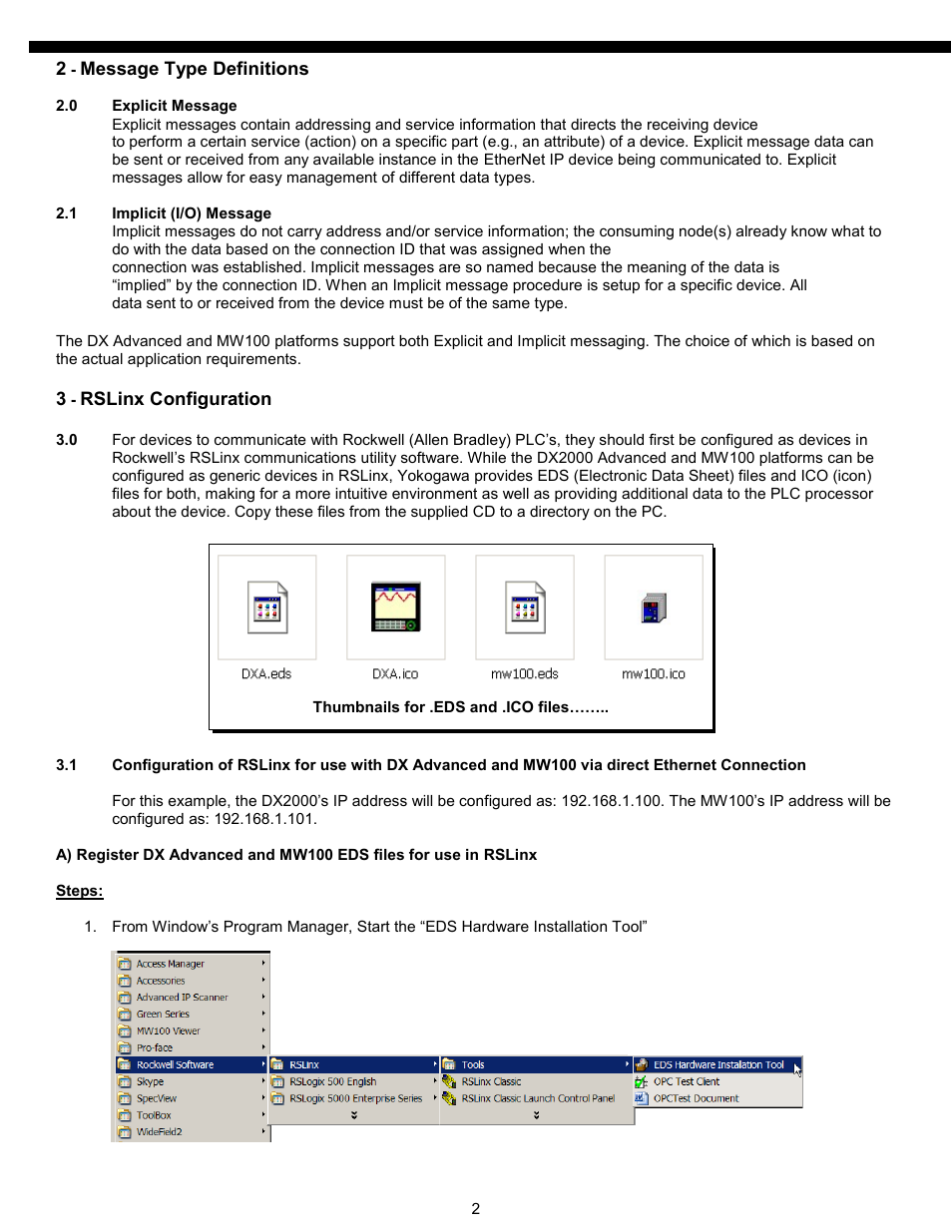 2 - message type definitions, 0 explicit message, 1 implicit message | 3 - rs linx configuration, 0 .eds and .ico files | Yokogawa Standalone MW100 User Manual | Page 5 / 58