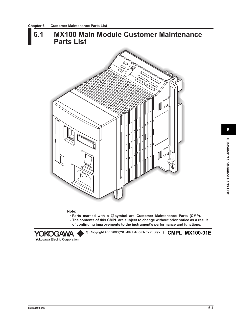 Chapter 6 customer maintenance parts list | Yokogawa PC-Based MX100 User Manual | Page 108 / 189