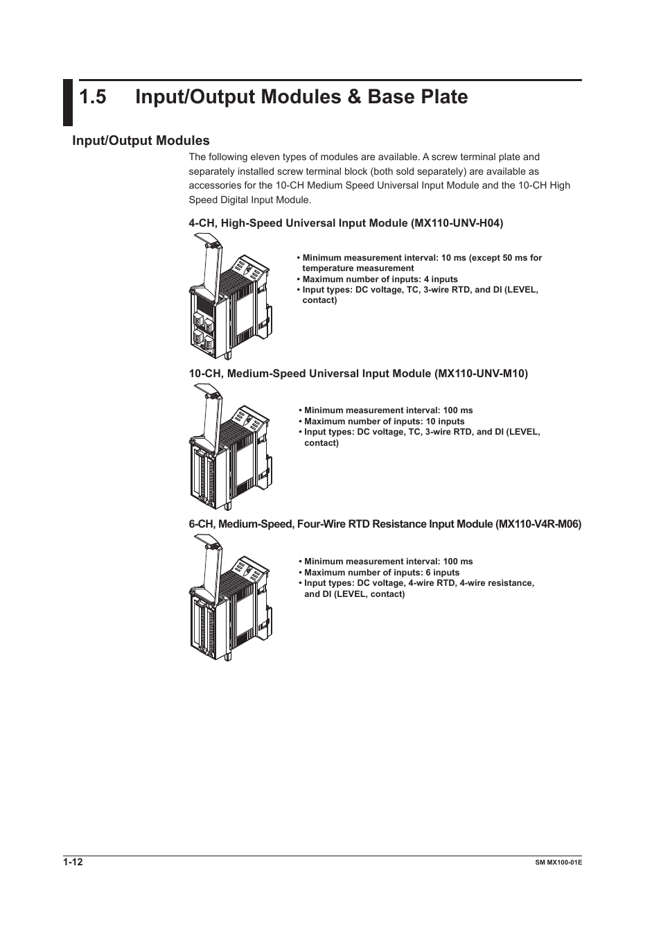 5 input/output modules & base plate, Input/output modules & base plate -12, Input/output modules | Yokogawa PC-Based MX100 User Manual | Page 19 / 189