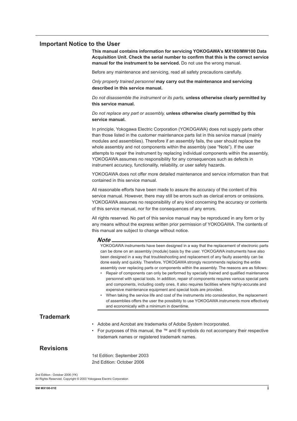 Important notice to the user, Trademark, Revisions | Yokogawa PC-Based MX100 User Manual | Page 2 / 189