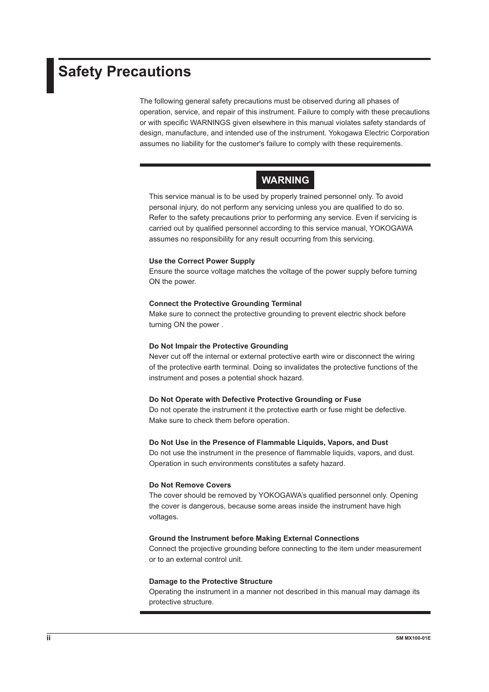 Safety precautions, Warning | Yokogawa PC-Based MX100 User Manual | Page 3 / 189