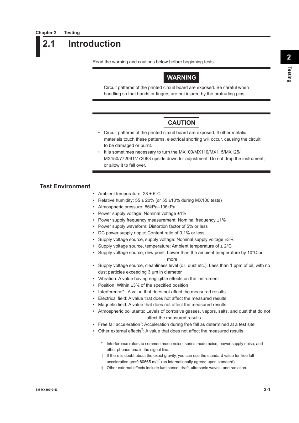 Chapter 2 testing, 1 introduction, Introduction -1 | Warning, Caution, Test environment | Yokogawa PC-Based MX100 User Manual | Page 30 / 189