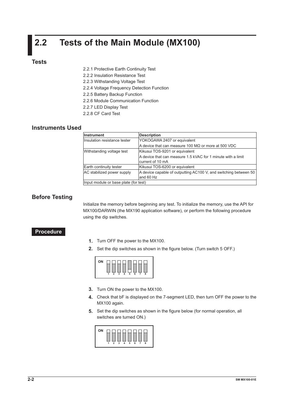 2 tests of the main module (mx100), Tests of the main module (mx100) -2, Tests | Instruments used, Before testing, Procedure | Yokogawa PC-Based MX100 User Manual | Page 31 / 189