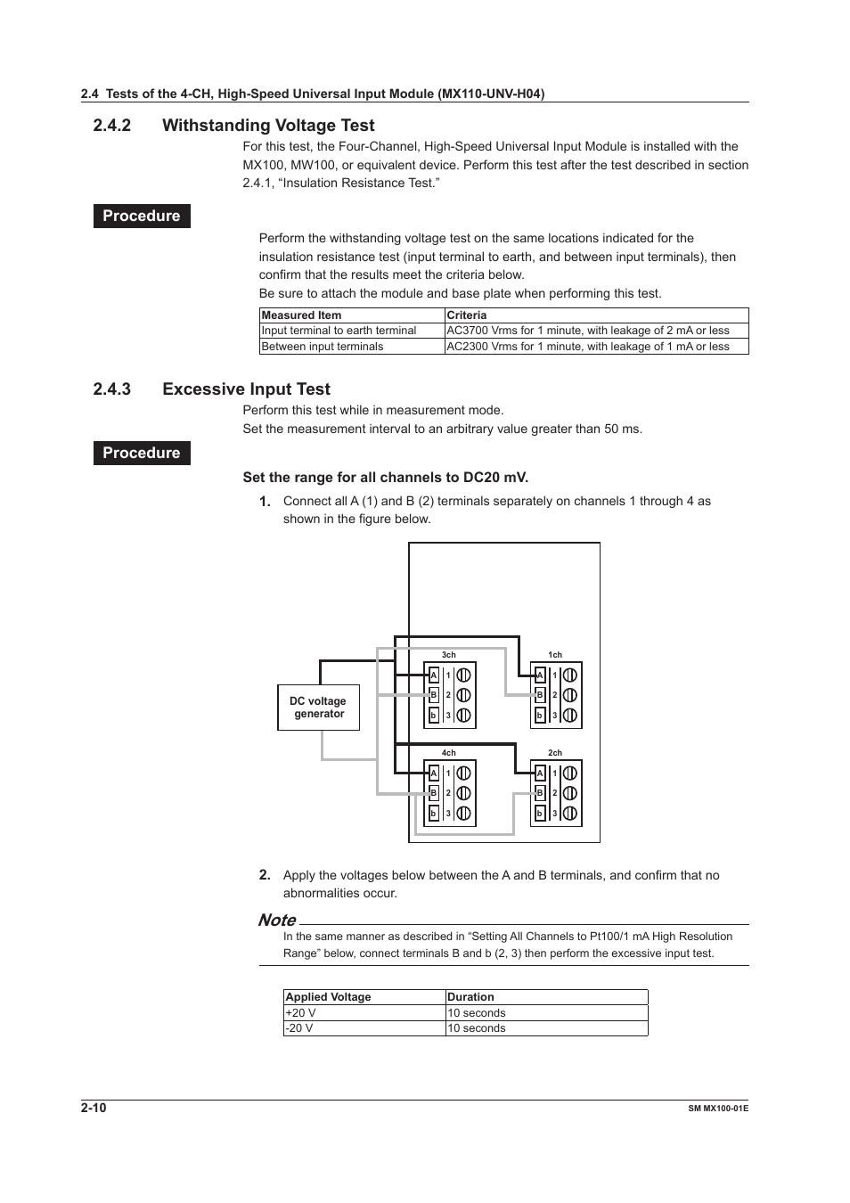 2 withstanding voltage test, 3 excessive input test, Procedure | Yokogawa PC-Based MX100 User Manual | Page 39 / 189