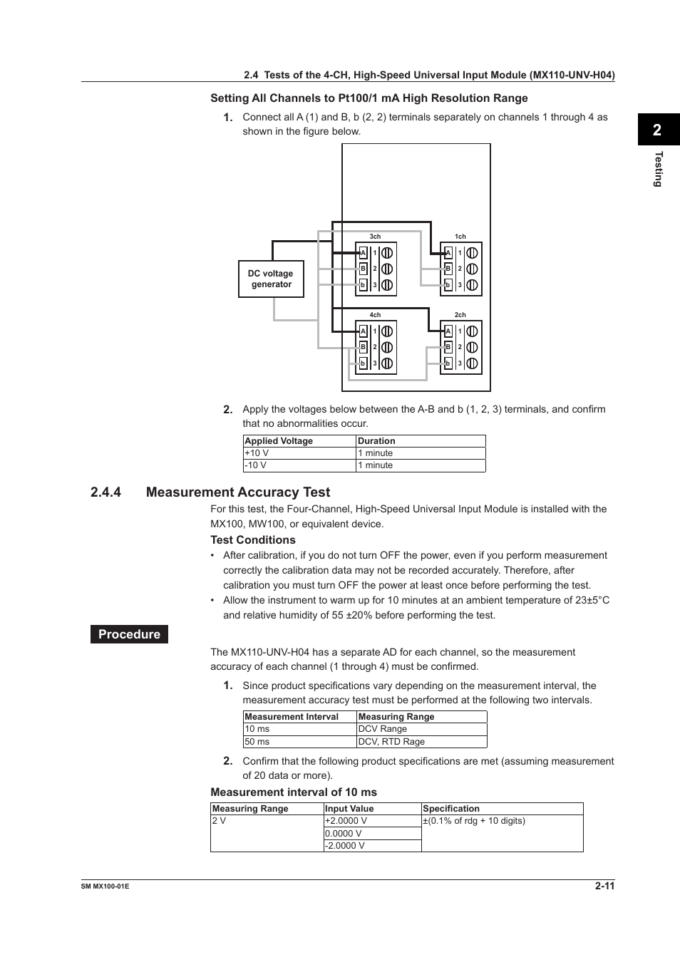 4 measurement accuracy test, Procedure | Yokogawa PC-Based MX100 User Manual | Page 40 / 189