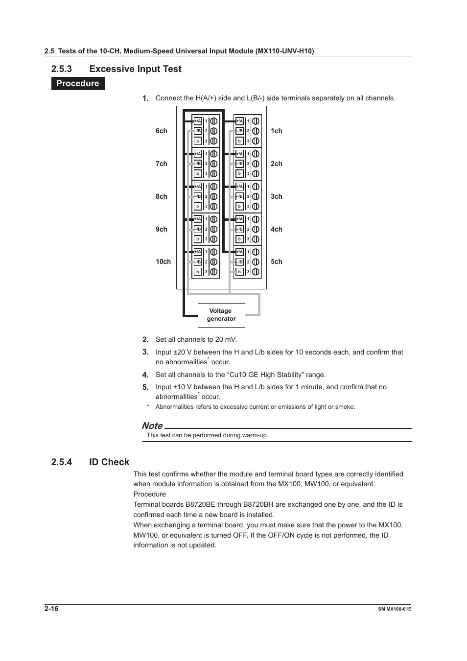 3 excessive input test, 4 id check, Procedure | Yokogawa PC-Based MX100 User Manual | Page 45 / 189