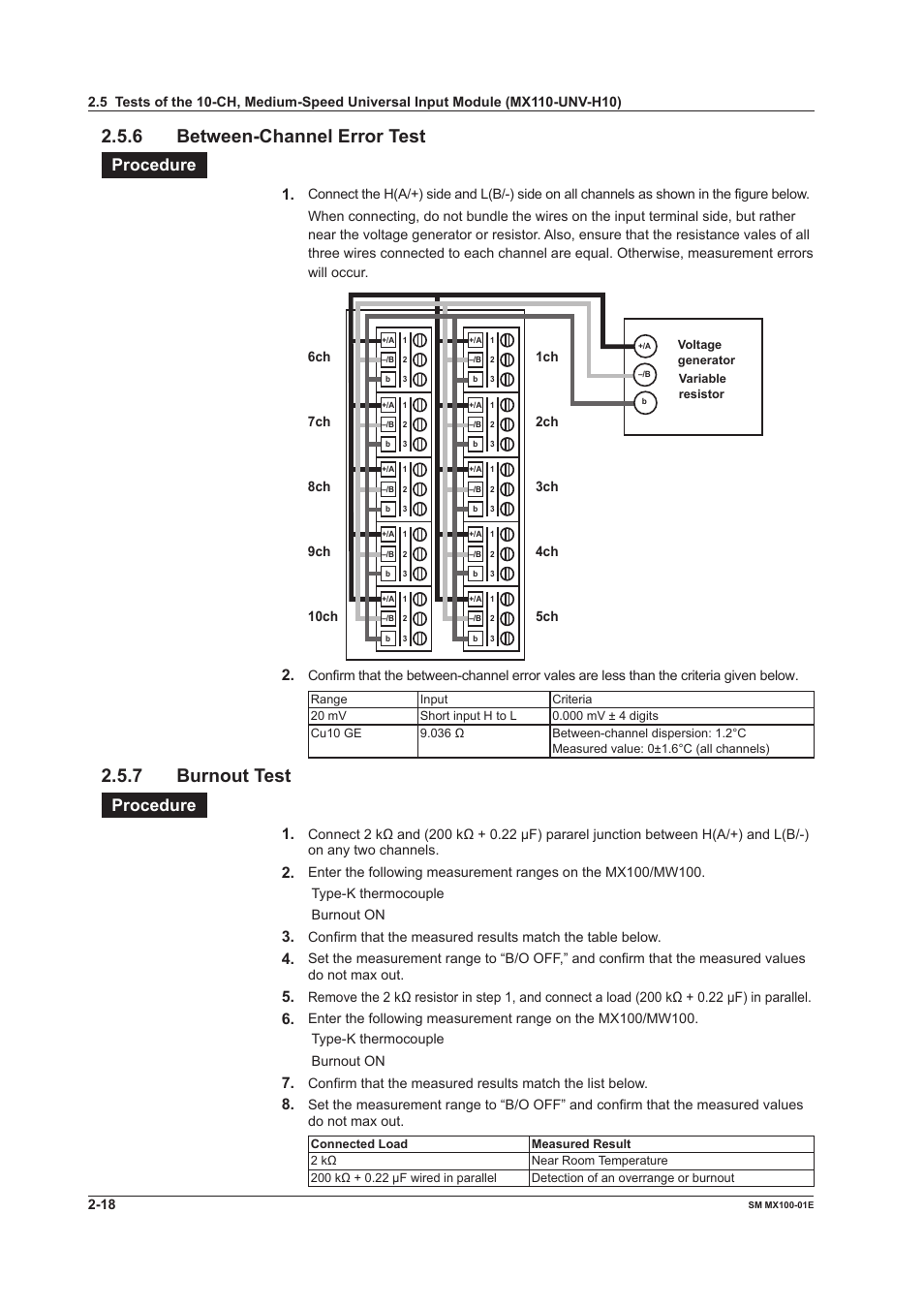 6 between-channel error test, 7 burnout test, Procedure | Yokogawa PC-Based MX100 User Manual | Page 47 / 189