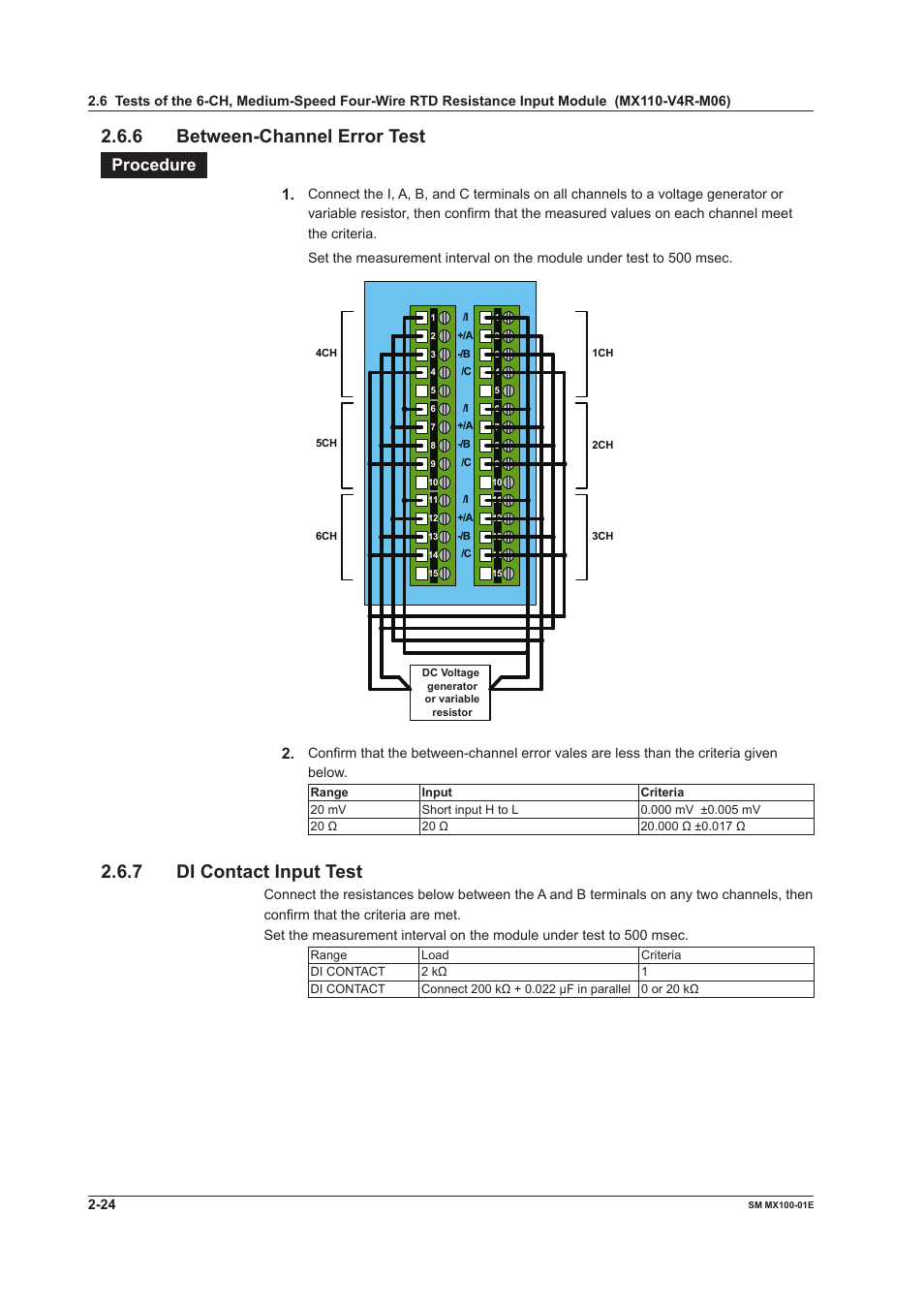 6 between-channel error test, 7 di contact input test, Procedure | Yokogawa PC-Based MX100 User Manual | Page 53 / 189