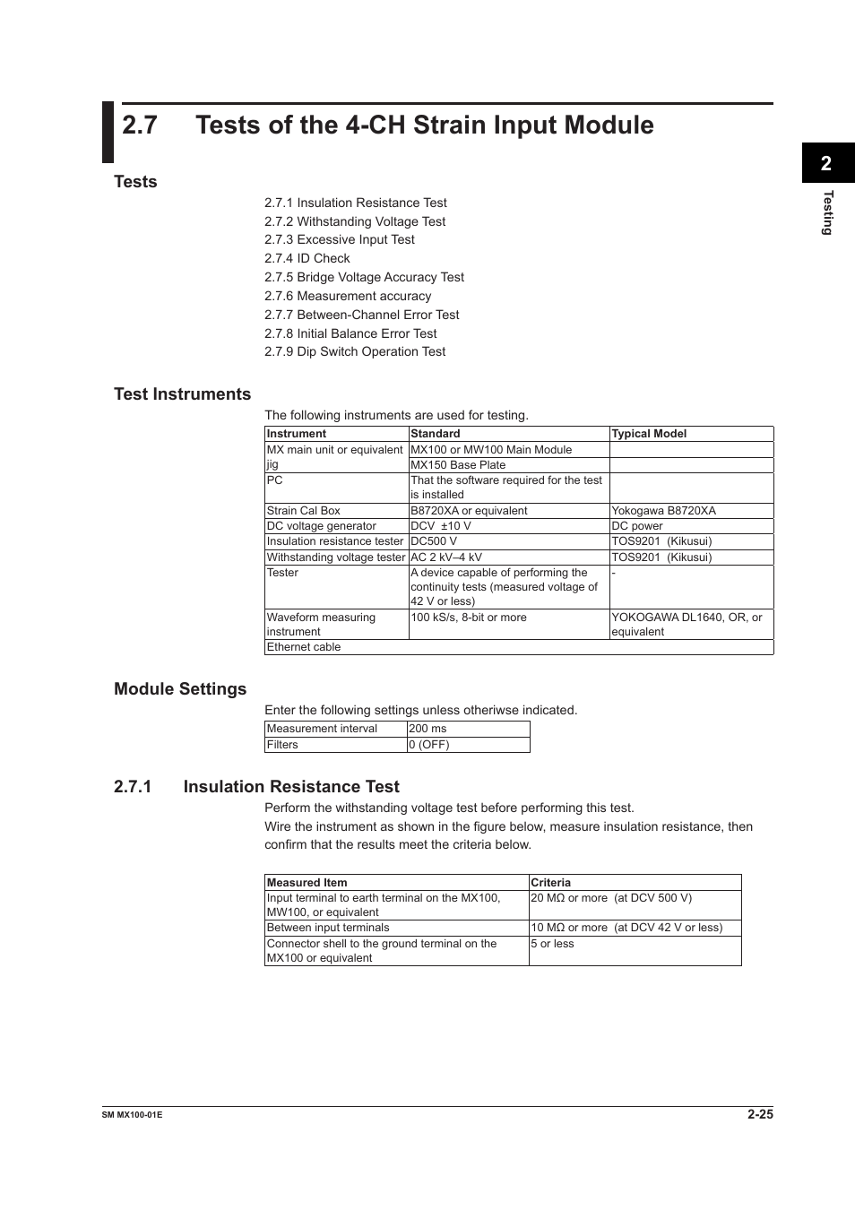 7 tests of the 4-ch strain input module, Tests of the 4-ch strain input module -25, Tests | Test instruments, Module settings, 1 insulation resistance test | Yokogawa PC-Based MX100 User Manual | Page 54 / 189