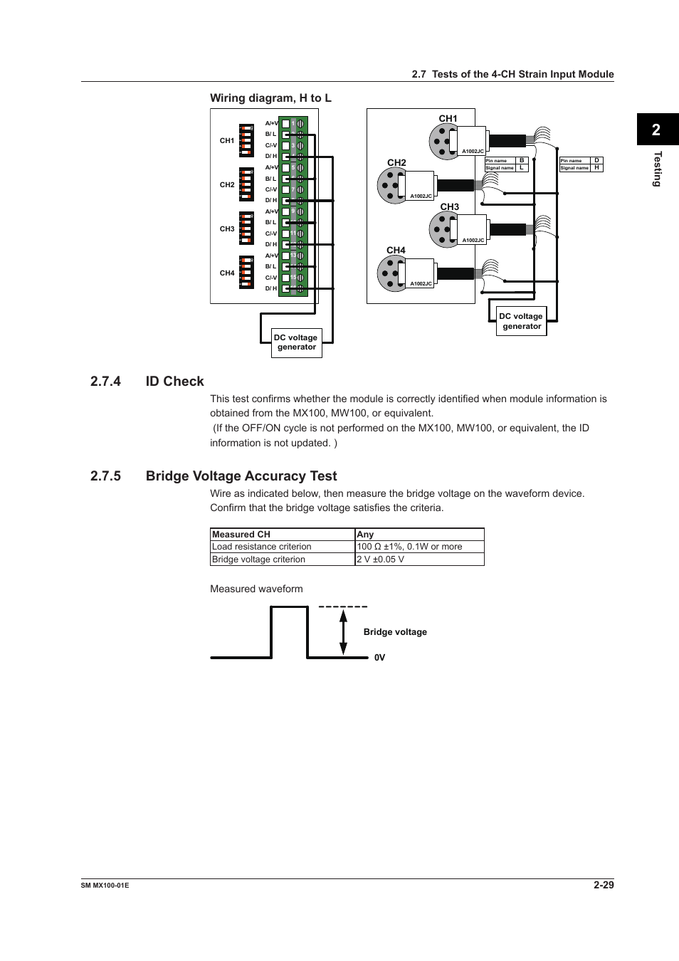 4 id check, 5 bridge voltage accuracy test, Wiring diagram, h to l | Testing, Measured waveform, 7 tests of the 4-ch strain input module | Yokogawa PC-Based MX100 User Manual | Page 58 / 189