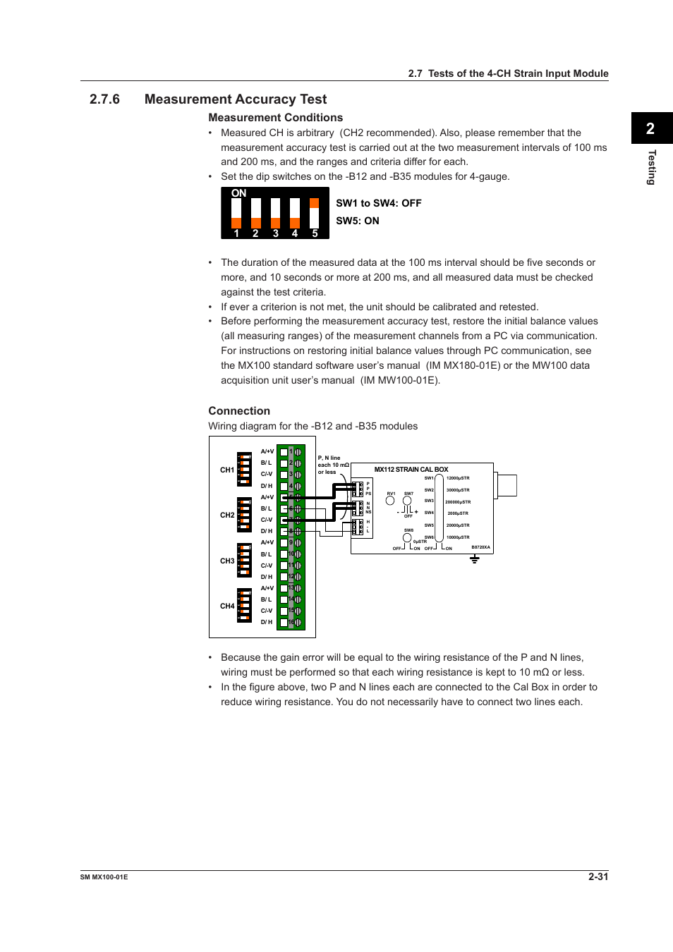 Measurement conditions, Connection, Testing | Wiring diagram for the -b12 and -b35 modules | Yokogawa PC-Based MX100 User Manual | Page 60 / 189