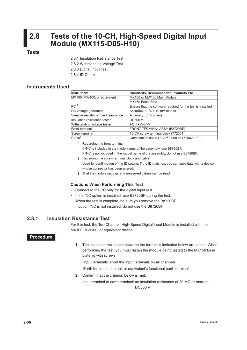 Tests, Instruments used, 1 insulation resistance test | Yokogawa PC-Based MX100 User Manual | Page 65 / 189